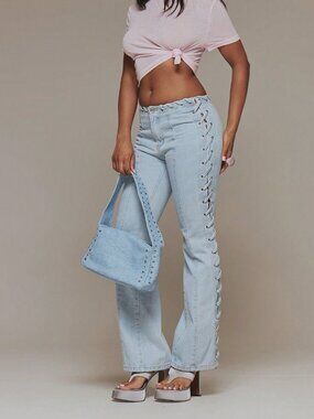 Light Wash Casual Women's Eyelet Lace Up Detail Fitted Flared Denim Jeans